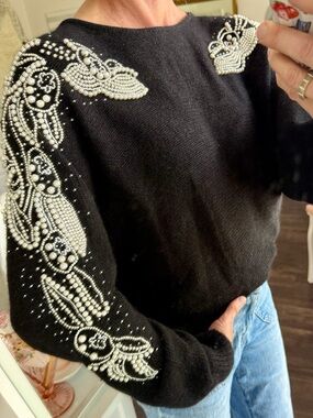 Vintage Pearl Beaded Sweater Black Silk Angora Quiet Luxury Chic Top